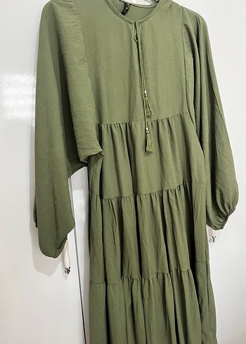 Püsküllü Salaş Haki Kadın Uzun Elbise - Görsel 3