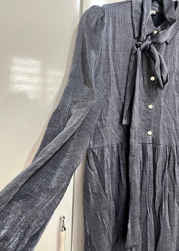 Gri Uzun Kollu Kuşaklı Elbise - Görsel 4
