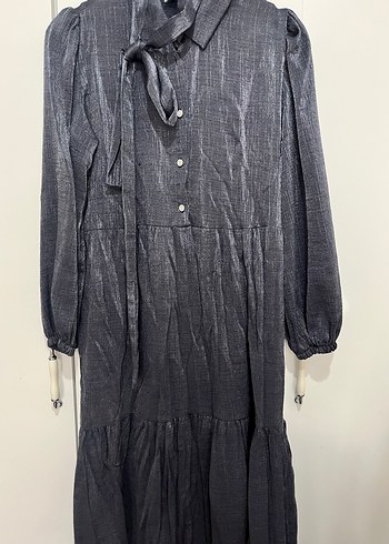 Gri Uzun Kollu Kuşaklı Elbise - Görsel 3