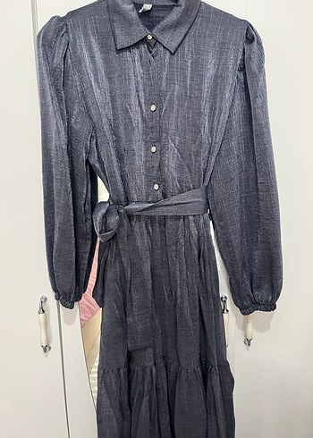 Gri Uzun Kollu Kuşaklı Elbise - Görsel 2