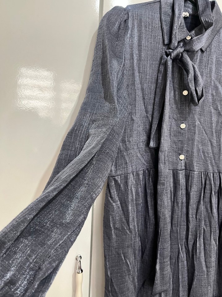 Gri Uzun Kollu Kuşaklı Elbise - Görsel 4