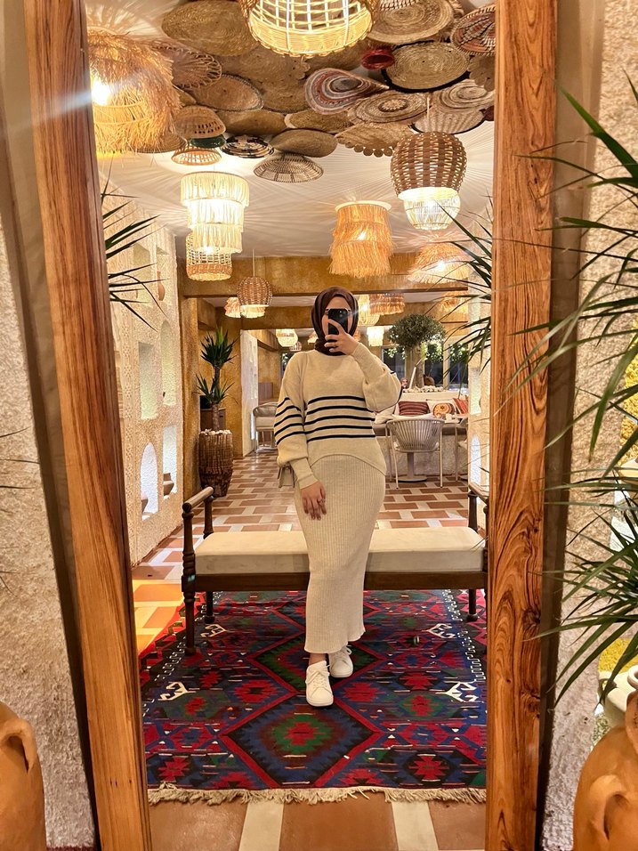 Bej Gri Çizgili Yüksek Yakalı Uzun Triko Kadın Kazak - Görsel 2