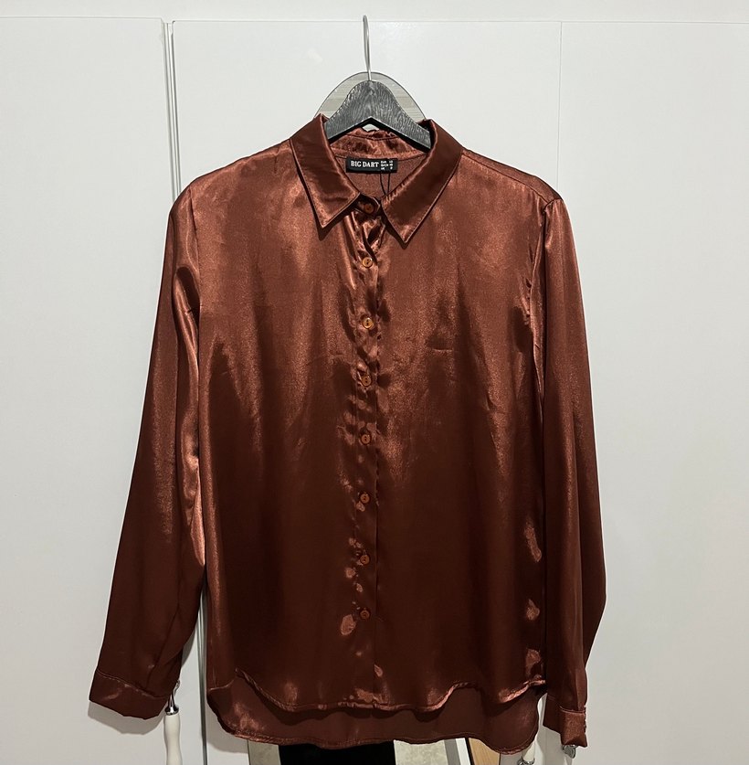 Düğmeli Parlak Kahverengi Kadın Gömlek - Görsel 2