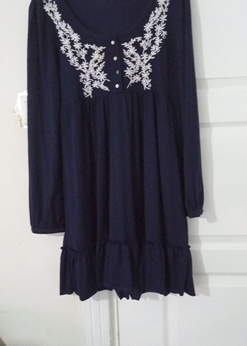 Nakışlı, Uzun Kollu Lacivert Bohem Elbise - Görsel 3