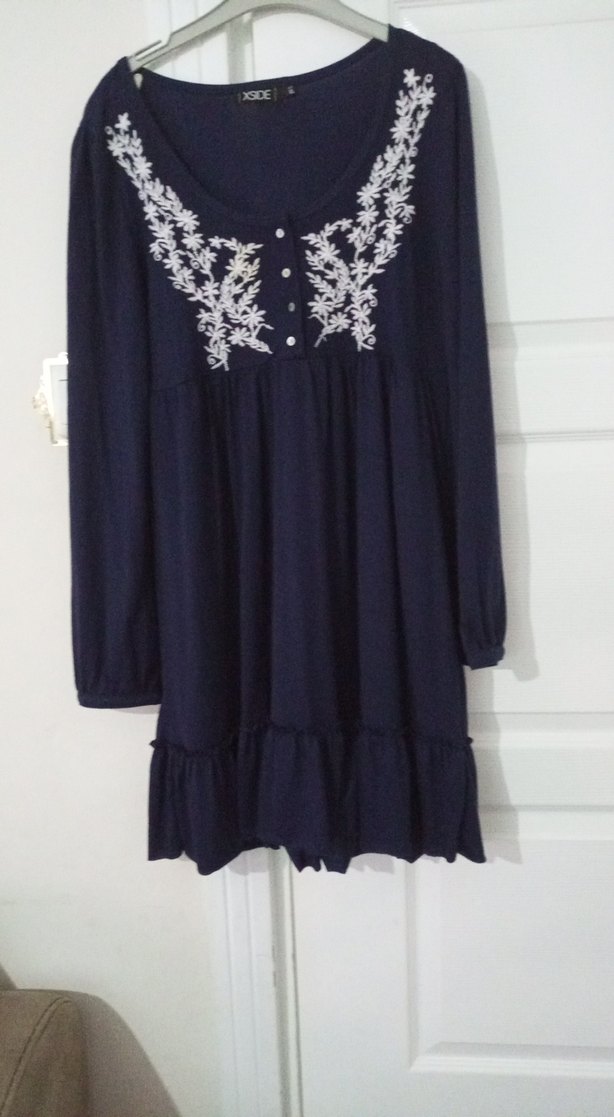 Nakışlı, Uzun Kollu Lacivert Bohem Elbise - Görsel 3