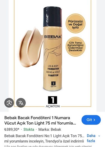 Bebak Açık Ton Bacak ve Vücut Fondöteni 75 ml