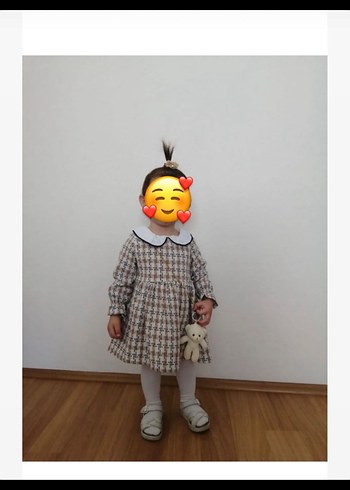 Bej Nakışlı Uzun Kollu Kız Elbisesi