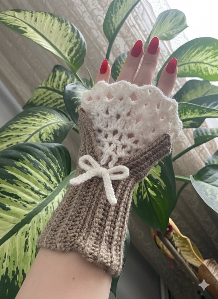 Dantel Detaylı Bej Örgü Kadın Eldiveni - Görsel 2