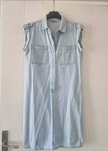 Düğmeli Mavi Denim Kot Midi Elbise