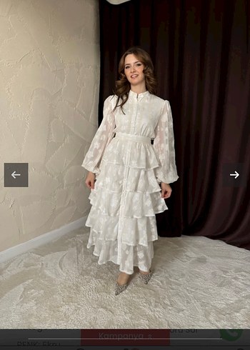 Kat Kat Volanlı İşlemeli Ekru Elbise - Görsel 3