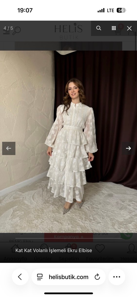 Kat Kat Volanlı İşlemeli Ekru Elbise - Görsel 3