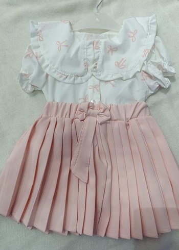Pembe Piliseli Kız gömlek etek takım