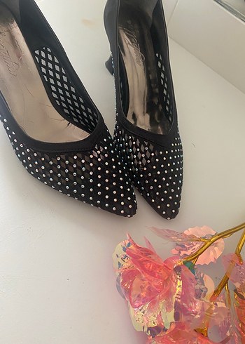 Siyah Payetli Stiletto Topuklu Kadın Ayakkabı