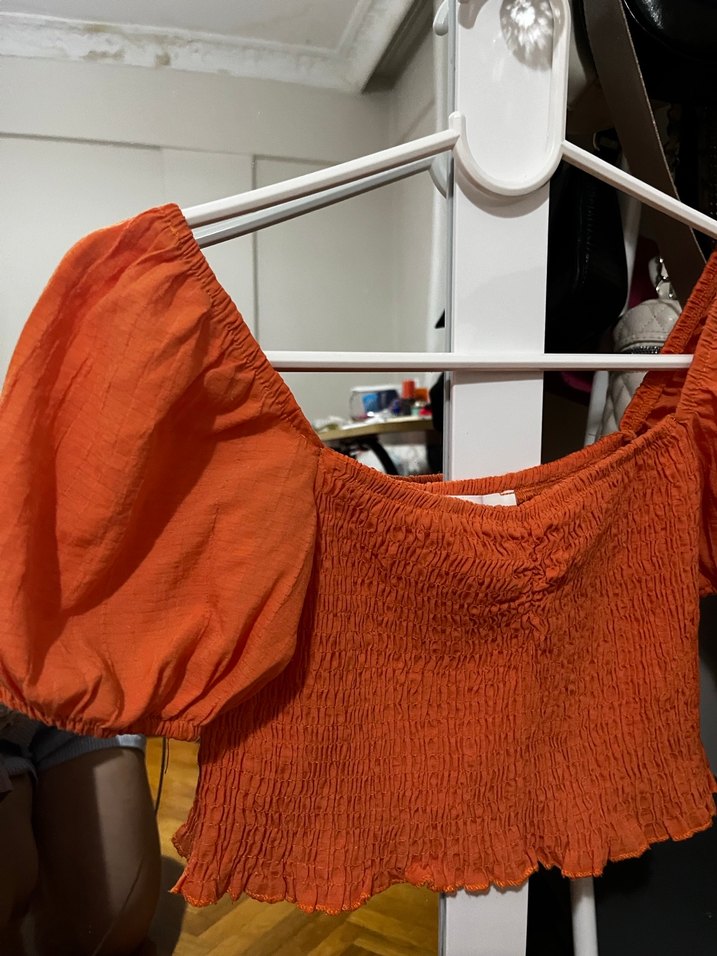 Turuncu Kısa Kollu Büzgülü Bluz - Görsel 2