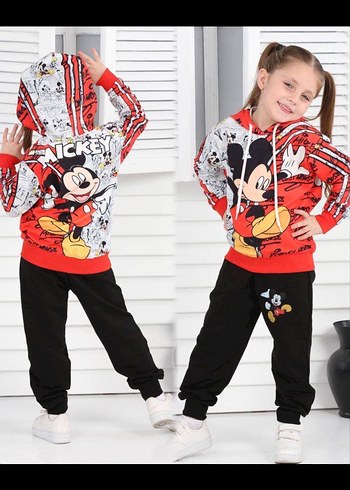 Renkli Mickey Baskılı Kapüşonlu Eşofman Takımı