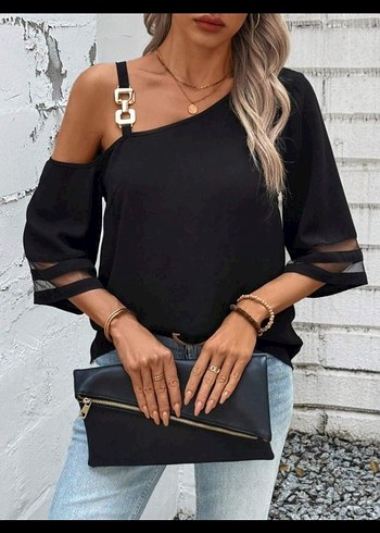 Tokalı Siyah Tek Omuz Bluz l.xl beden