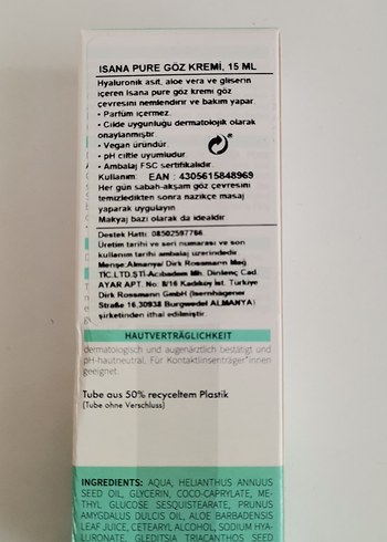 Diğer ISANA Pure Hyaluron + Aloe Vera Göz Kremi