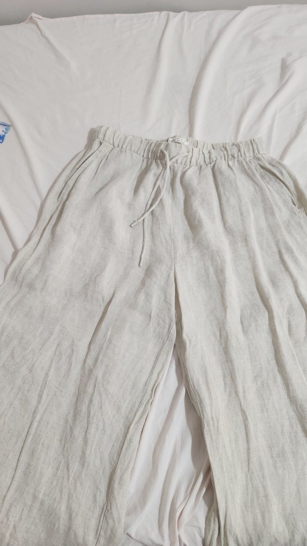 Oysho Bej Bol Kesim Keten Kadın Pantolon - Görsel 5