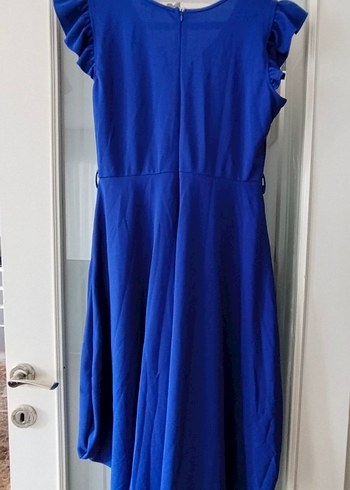 Mavi Uzun V Yaka Salaş Elbise - Görsel 2