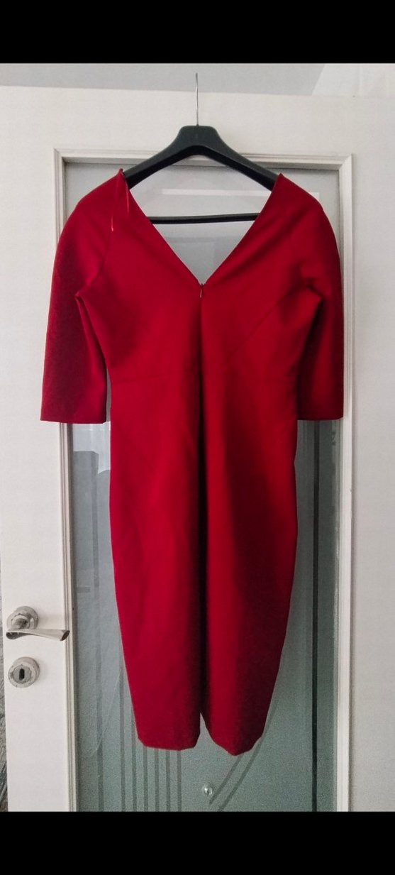 Kısa Kollu Kırmızı V Yaka Midi Elbise - Görsel 2