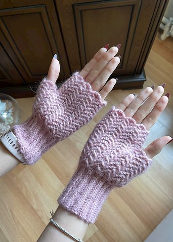 Pembe Örgü Parmaksız Kadın Eldiveni - Görsel 2