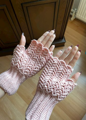 Pembe Örgü Bohem Parmaksız Eldiven - Görsel 2