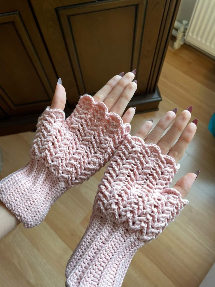 Pembe Örgü Bohem Parmaksız Eldiven - Görsel 2