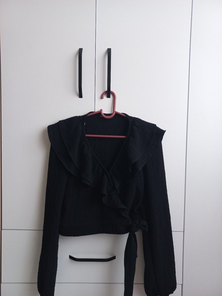 Siyah Kemerli Kadın Crop Gömlek - Görsel 2