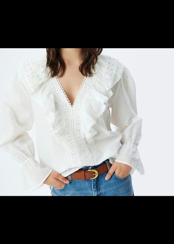 V Yaka Fırfırlı Nakışlı Bohem Kadın Bluz - Görsel 2