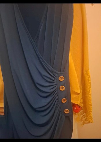 Mavi Drapeli V Yakalı Midi Elbise - Görsel 3