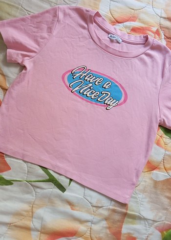 Pembe Baskılı Kısa Kollu Pamuklu Tişört