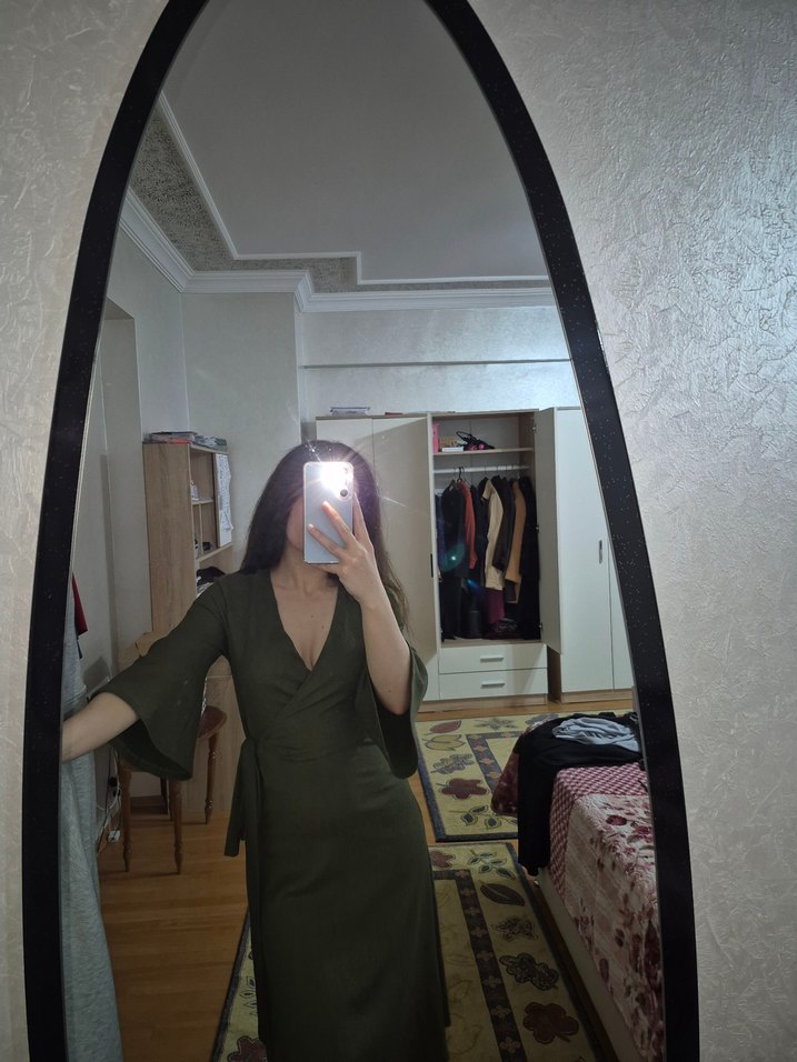 V Yaka Uzun Kollu Haki Midi Elbise - Görsel 2