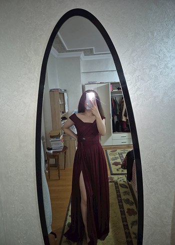 Bordo V Yaka Drapeli uzuni Abiye Elbise - Görsel 2