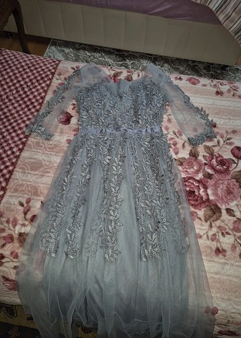 Uzun Kollu Gri Dantel İşlemeli Bohem Elbise - Görsel 2