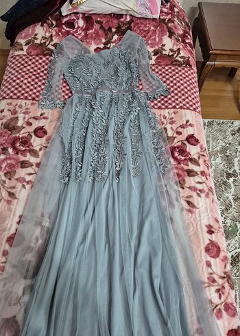 Uzun Kollu Gri Dantel İşlemeli Bohem Elbise - Görsel 3