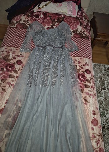 Uzun Kollu Gri Dantel İşlemeli Bohem Elbise - Görsel 4