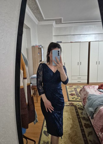 Lacivert V Yaka Midi  Elbise - Görsel 2