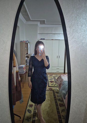 Lacivert V Yaka Midi  Elbise - Görsel 4