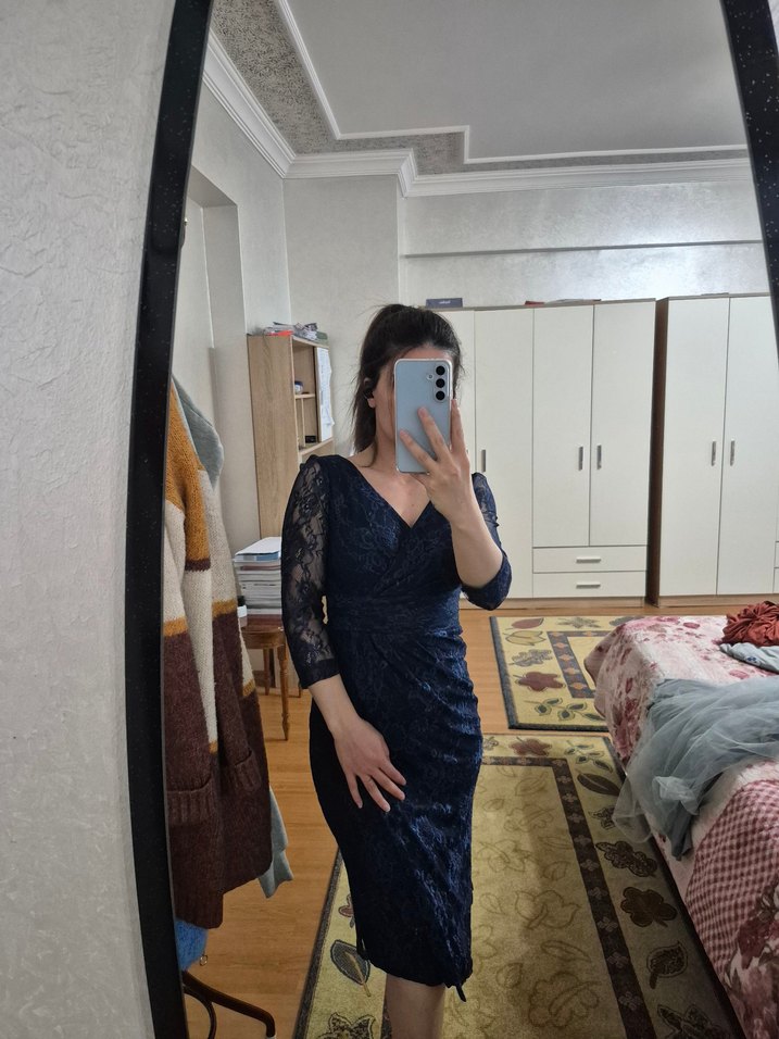 Lacivert V Yaka Midi  Elbise - Görsel 2