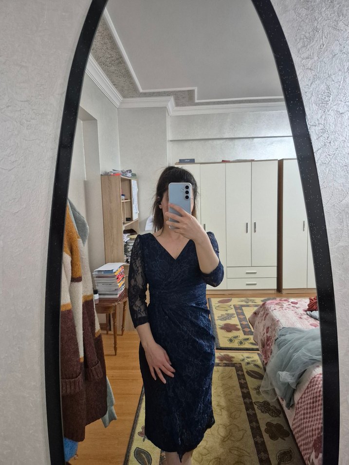 Lacivert V Yaka Midi  Elbise - Görsel 3