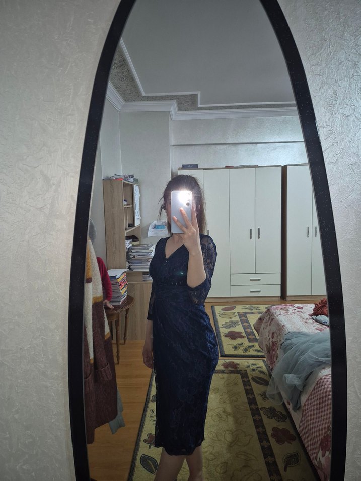 Lacivert V Yaka Midi  Elbise - Görsel 5