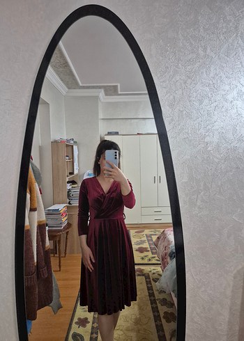 Bordo Midi V Yaka Drapeli Uzun Kollu Elbise - Görsel 5