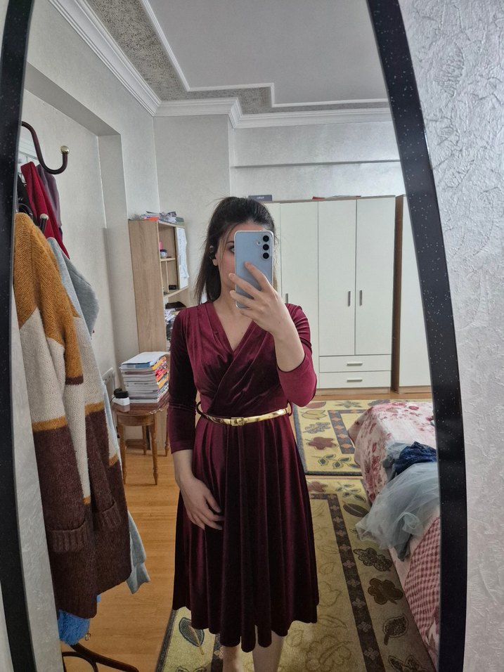 Bordo Midi V Yaka Drapeli Uzun Kollu Elbise - Görsel 2