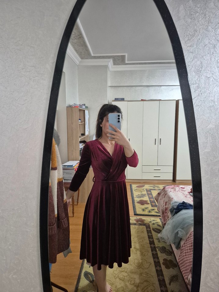 Bordo Midi V Yaka Drapeli Uzun Kollu Elbise - Görsel 3