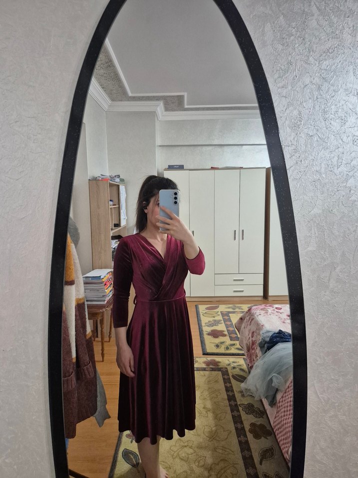 Bordo Midi V Yaka Drapeli Uzun Kollu Elbise - Görsel 4