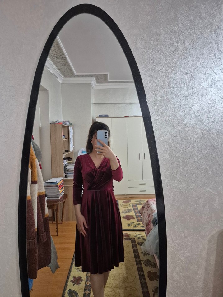 Bordo Midi V Yaka Drapeli Uzun Kollu Elbise - Görsel 5