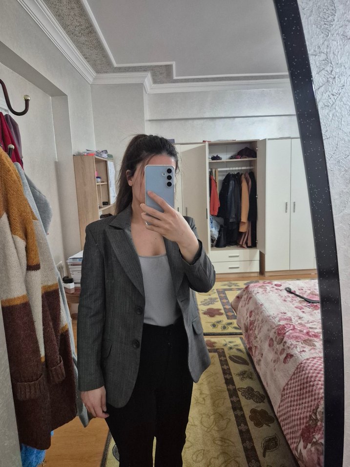 Gri Uzun Kollu Kadın Blazer Ceket - Görsel 2