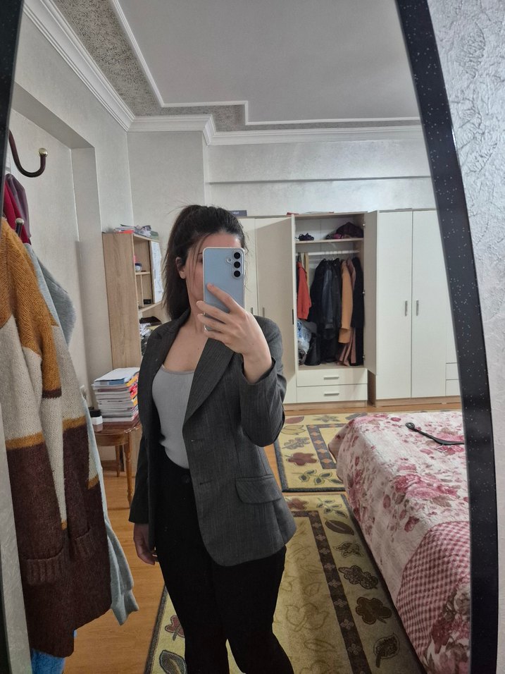 Gri Uzun Kollu Kadın Blazer Ceket - Görsel 3