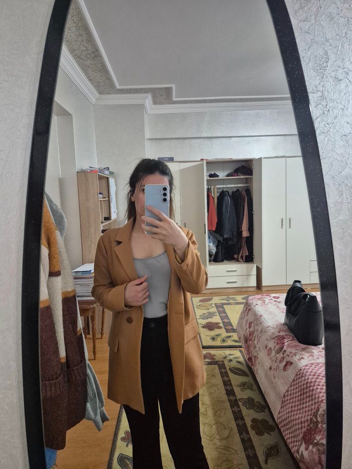 Bej Kadın Süet Midi Blazer Ceket - Görsel 2