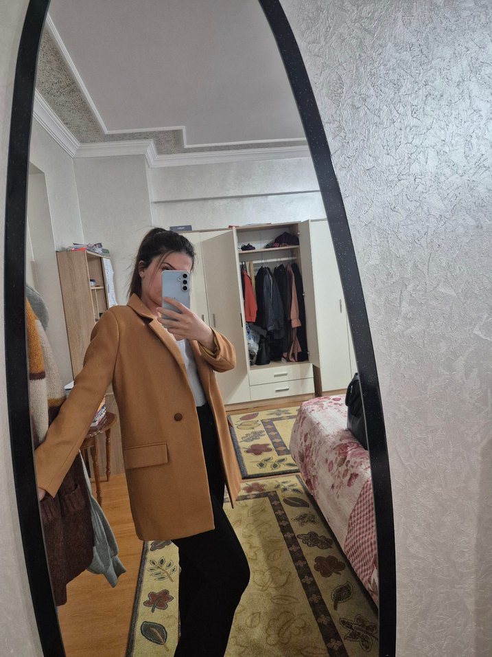 Bej Kadın Süet Midi Blazer Ceket - Görsel 4